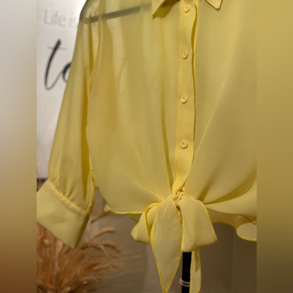 Women's Chic Half-Sleeved Chiffon-Mesh Button Down Yellow Shirt-Blouse-Top - Picture 10 of 12